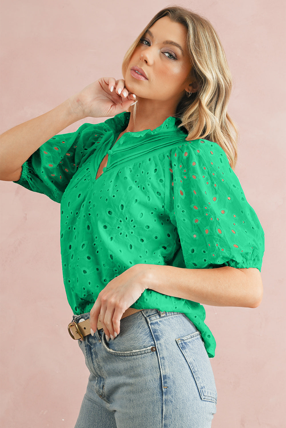 Eyelet Short Puff Sleeve Blouse