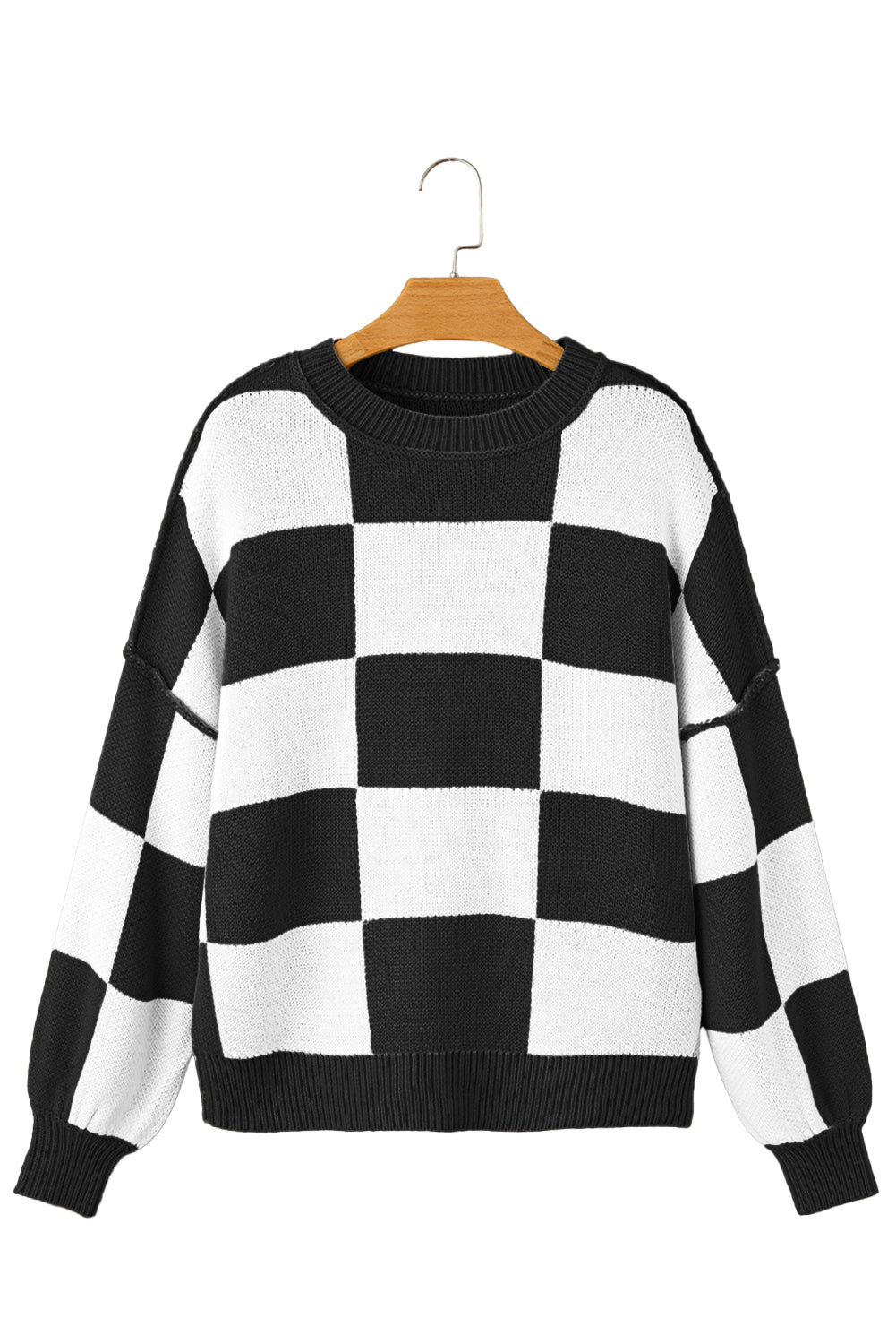 Checked Bishop Sleeve Pullover Sweater