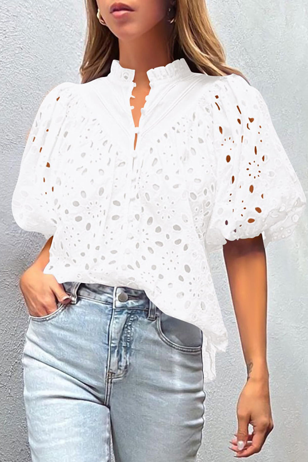Eyelet Short Puff Sleeve Blouse