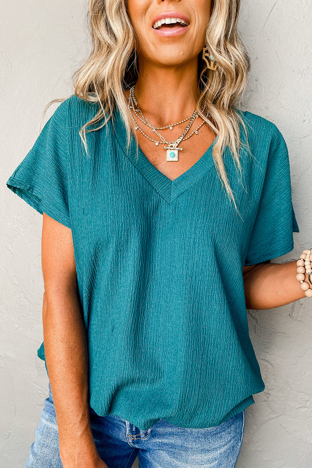 Basic Plain Textured V Neck T-Shirt