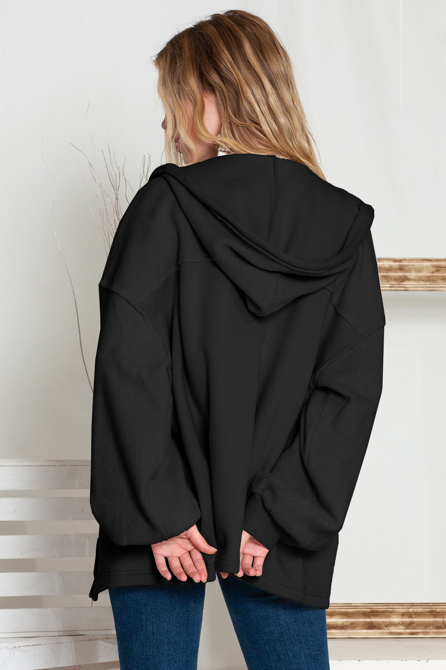 Flap Pockets Bishop Sleeve Zip Up Hoodie
