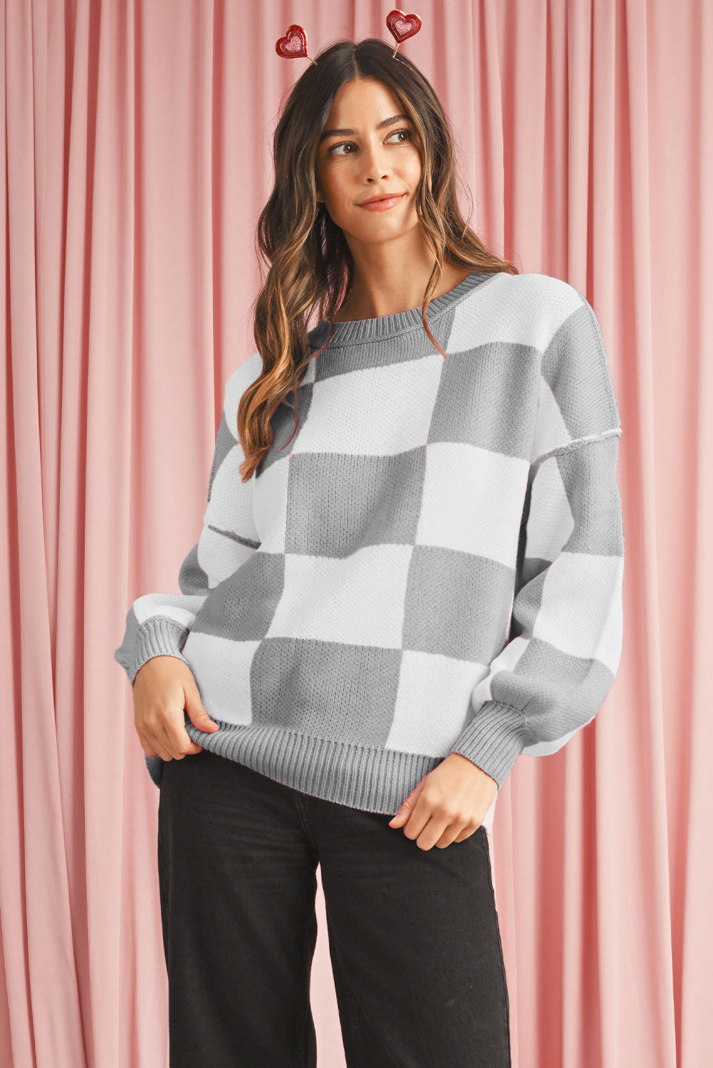 Checked Bishop Sleeve Pullover Sweater
