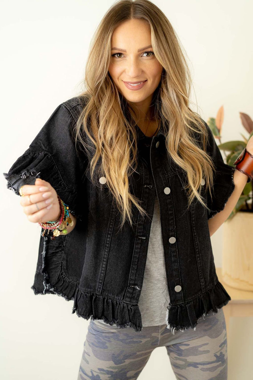 Sia Raw Edge Ruffle Short Sleeve Denim Jacket
