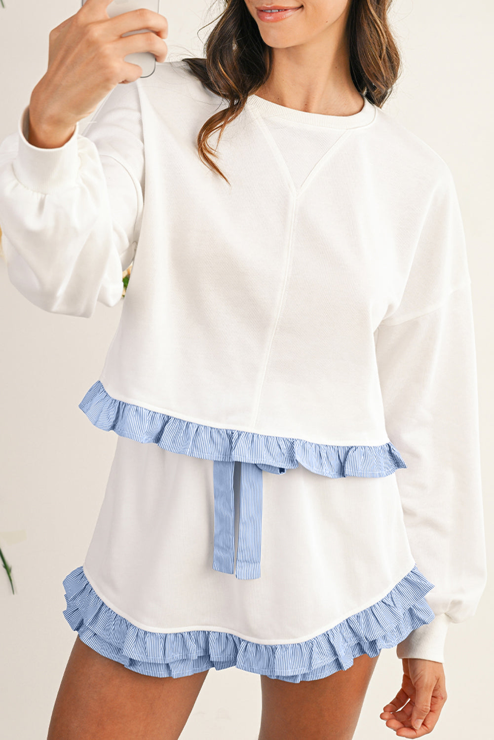 Sydney Ruffle Hem Long Sleeve Pullover and Shorts Set