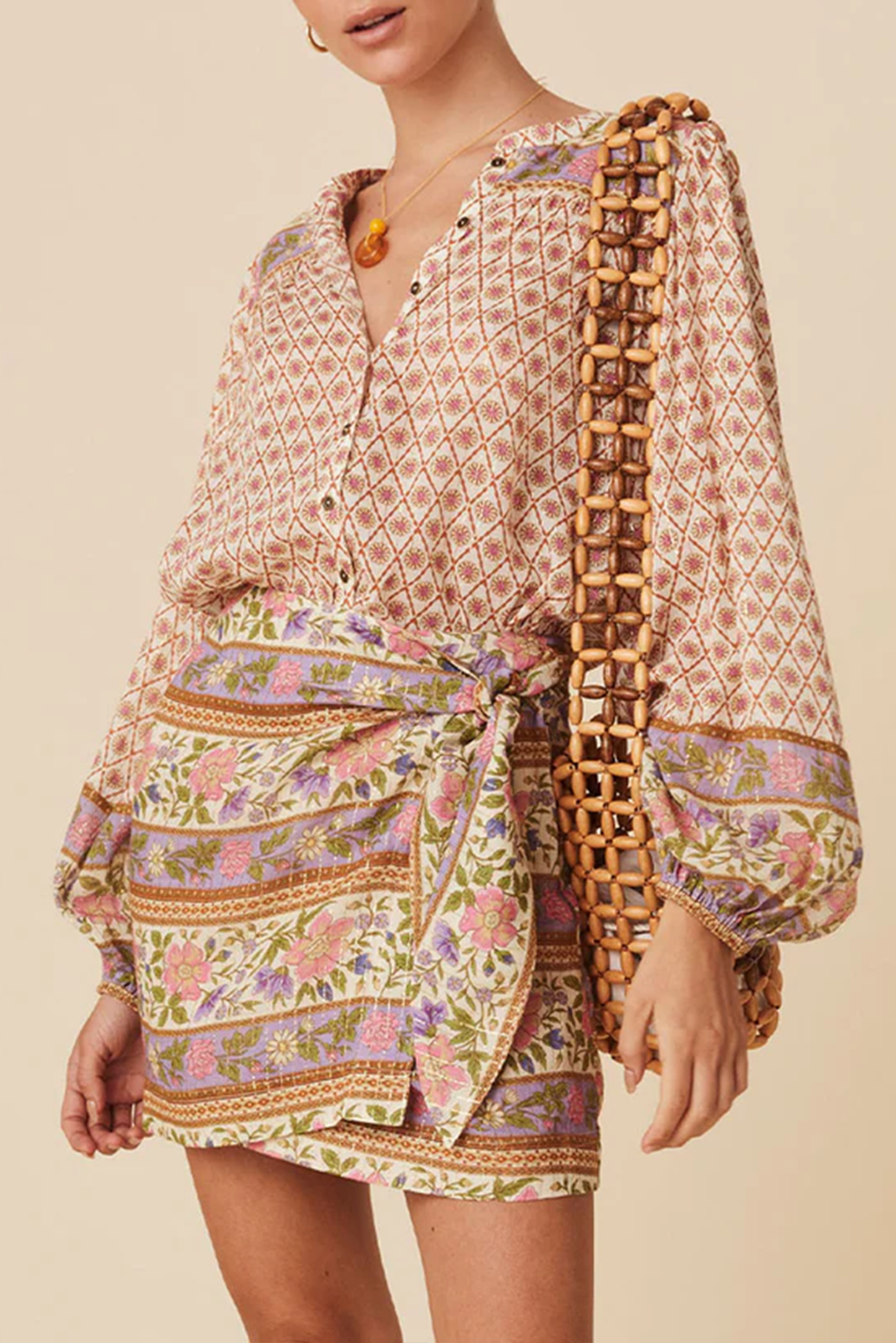 Amira Floral Puff Sleeve V-Neck Button Blouse