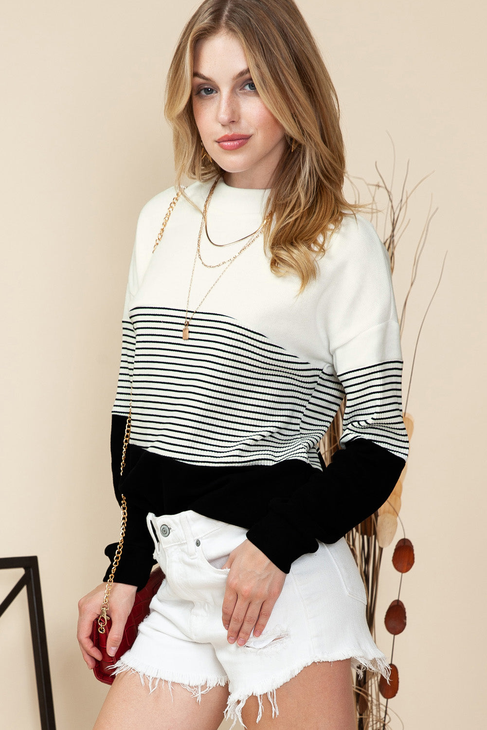 Noir Striped Contrast Colorblock Knit Top
