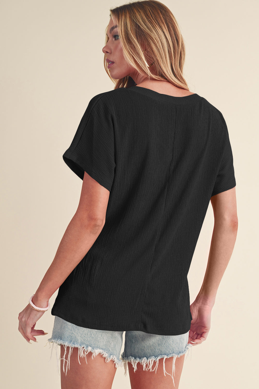 Basic Plain Textured V Neck T-Shirt