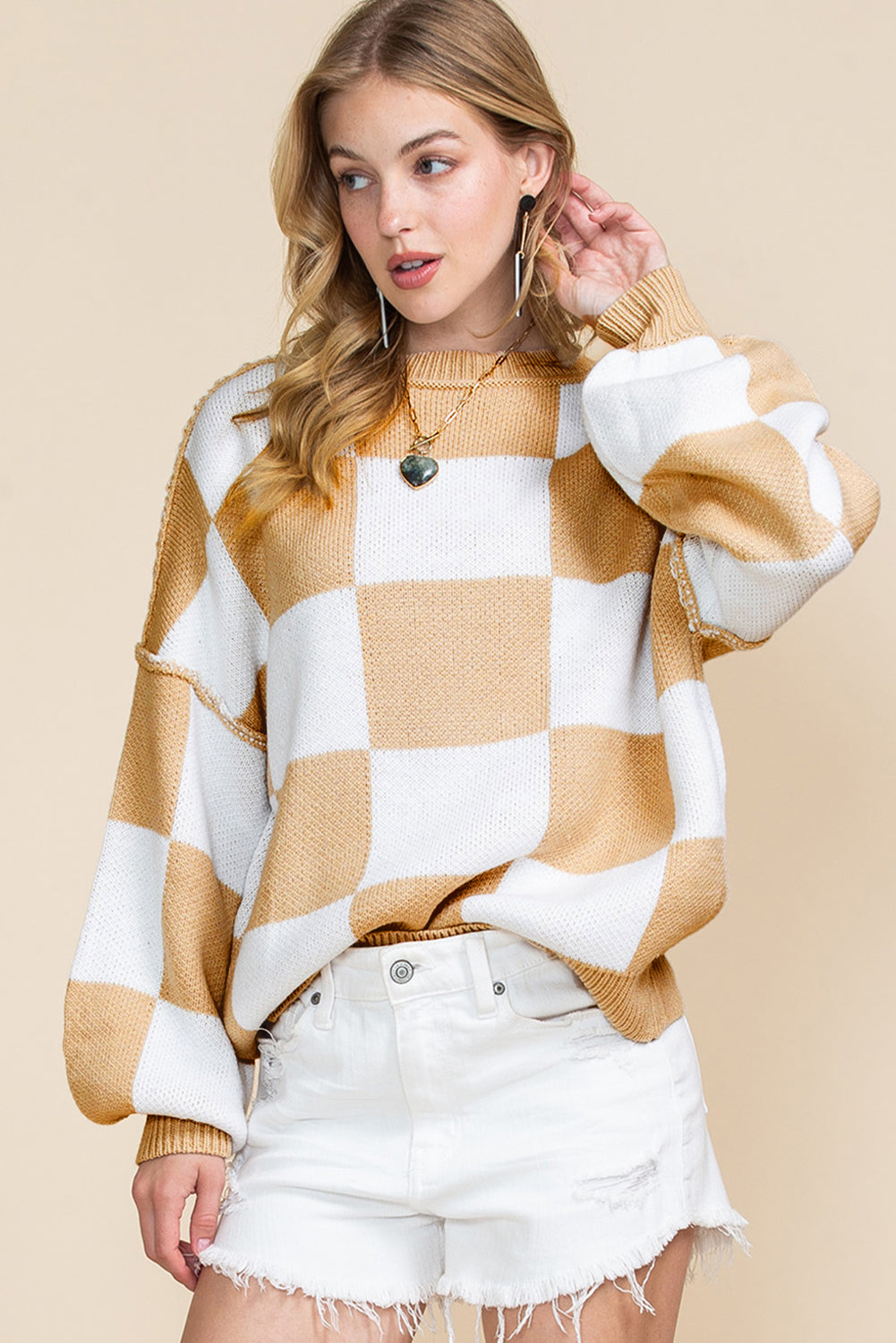 Checked Bishop Sleeve Pullover Sweater