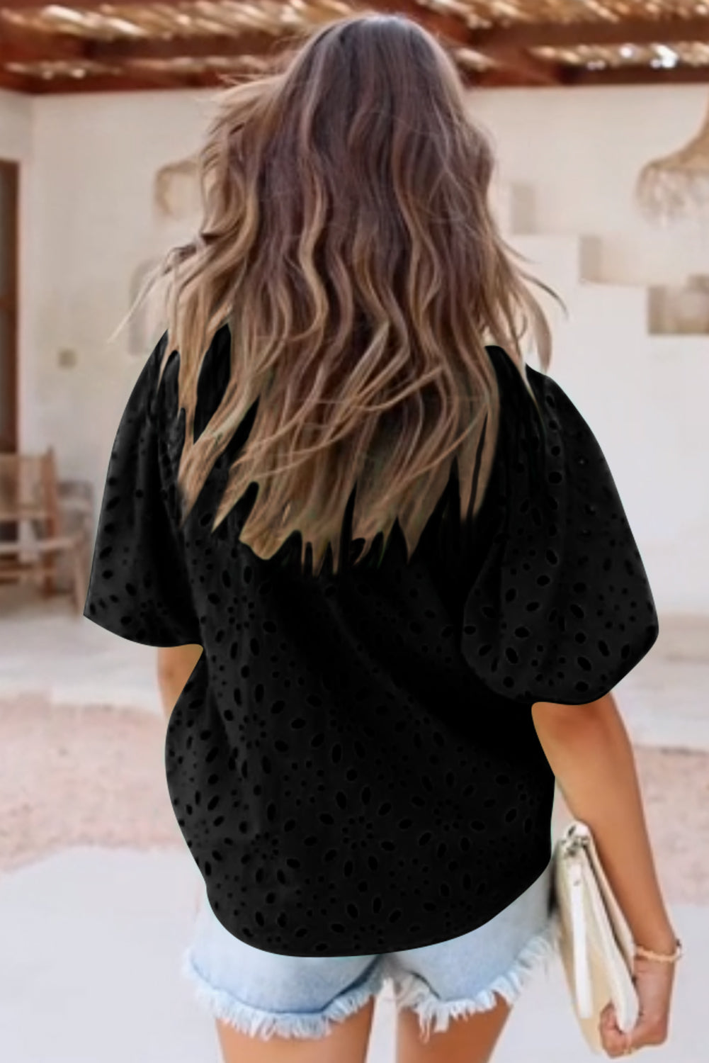 Eyelet Short Puff Sleeve Blouse