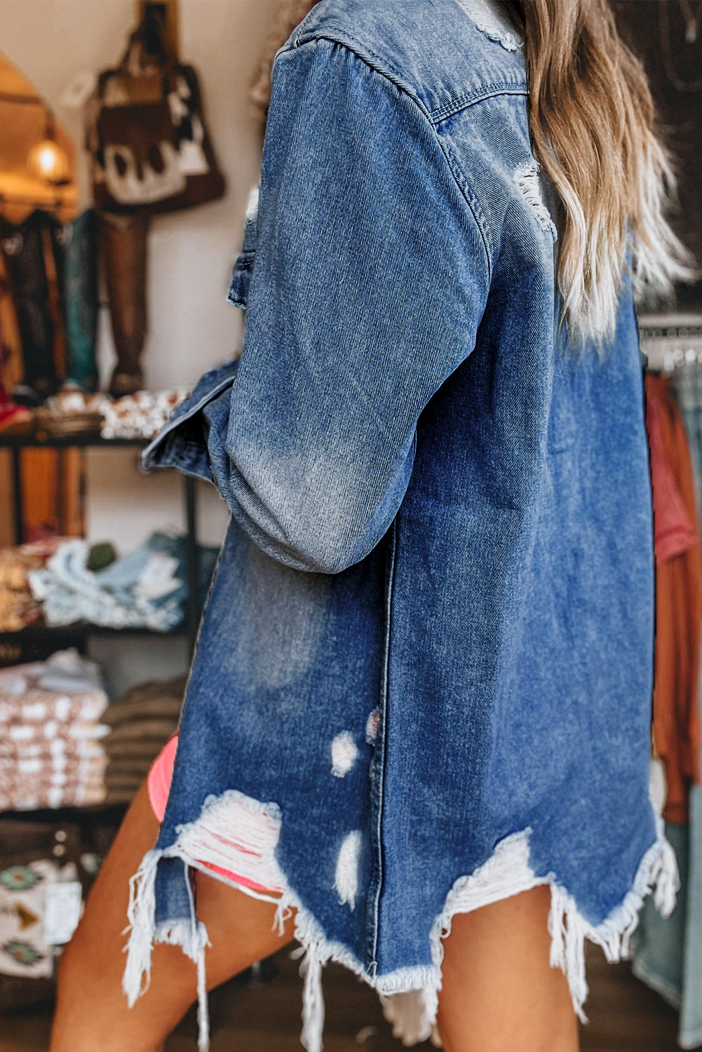 Beau Blue Light Wash Distressed Long Denim Jacket