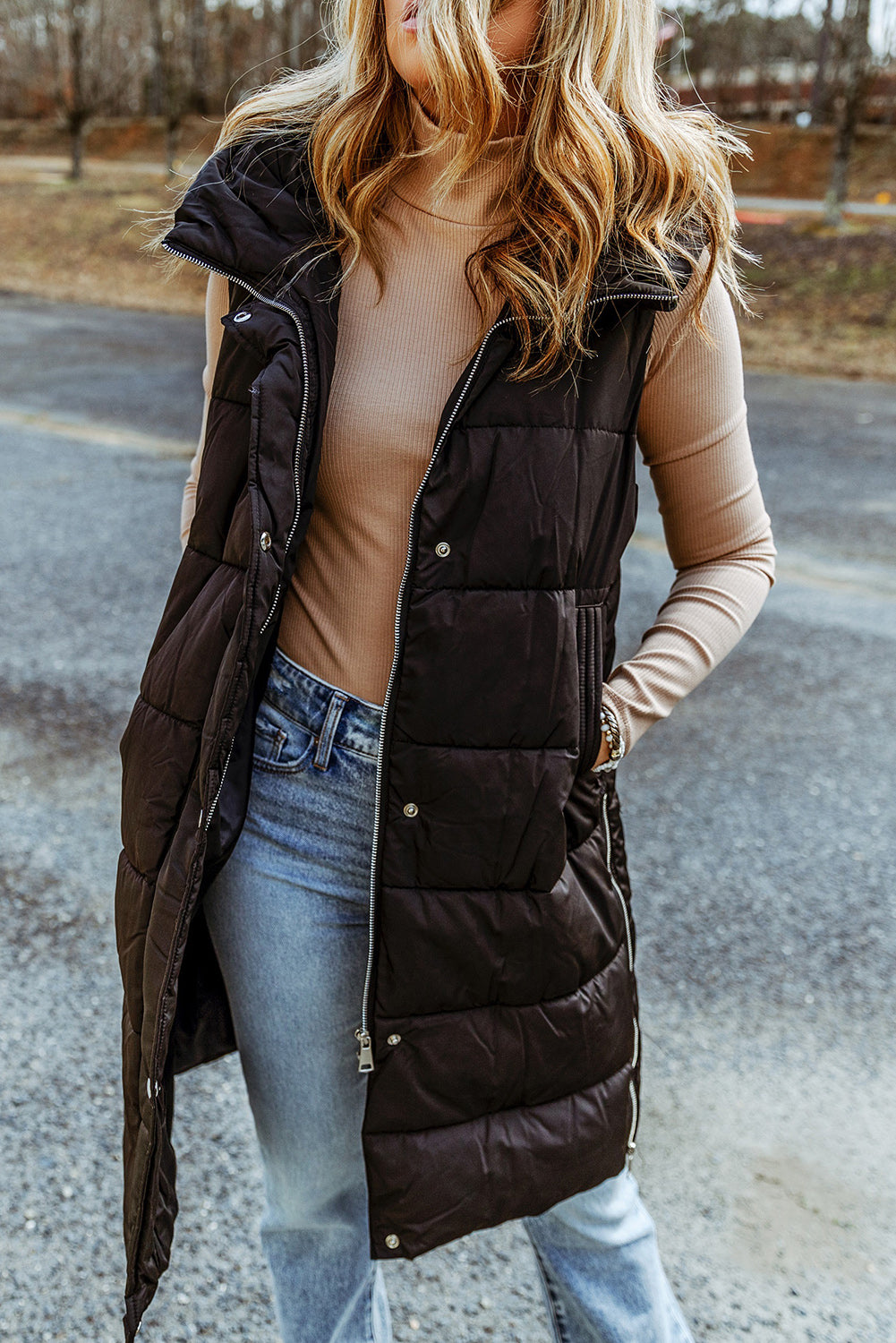 Elaine Hooded Quilted Long Vest Coat