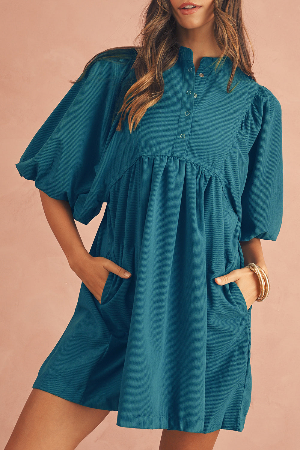 Corduroy Empire Waist Lantern Sleeve Dress