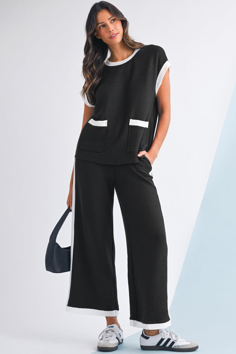 Nia Contrast Trim T-Shirt and Wide Leg Pants Set