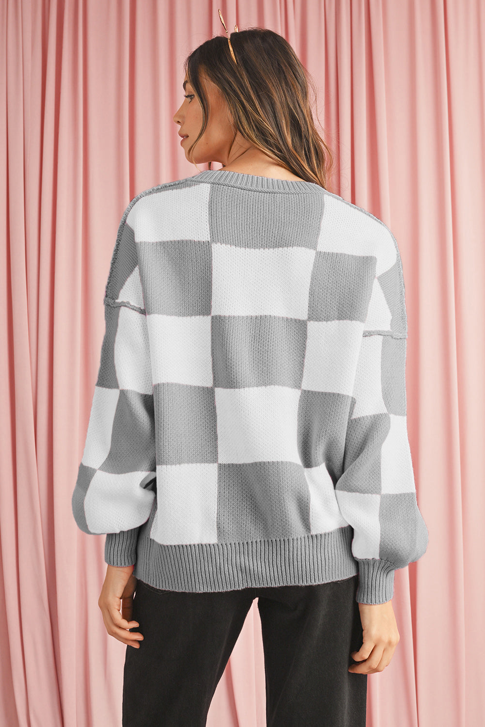 Checked Bishop Sleeve Pullover Sweater