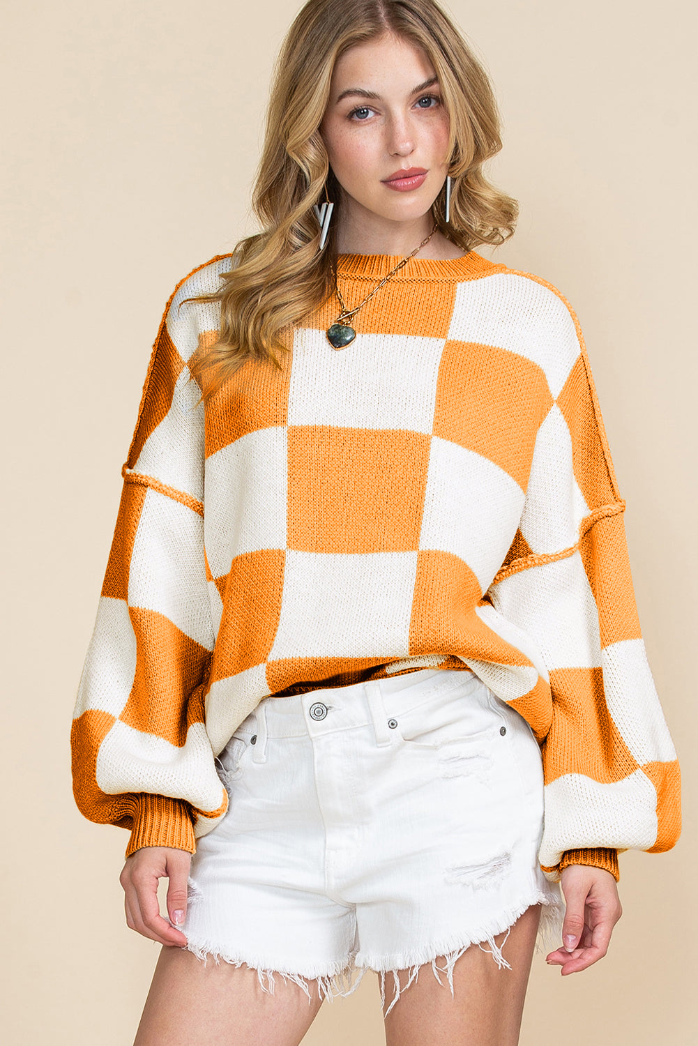 Checked Bishop Sleeve Pullover Sweater