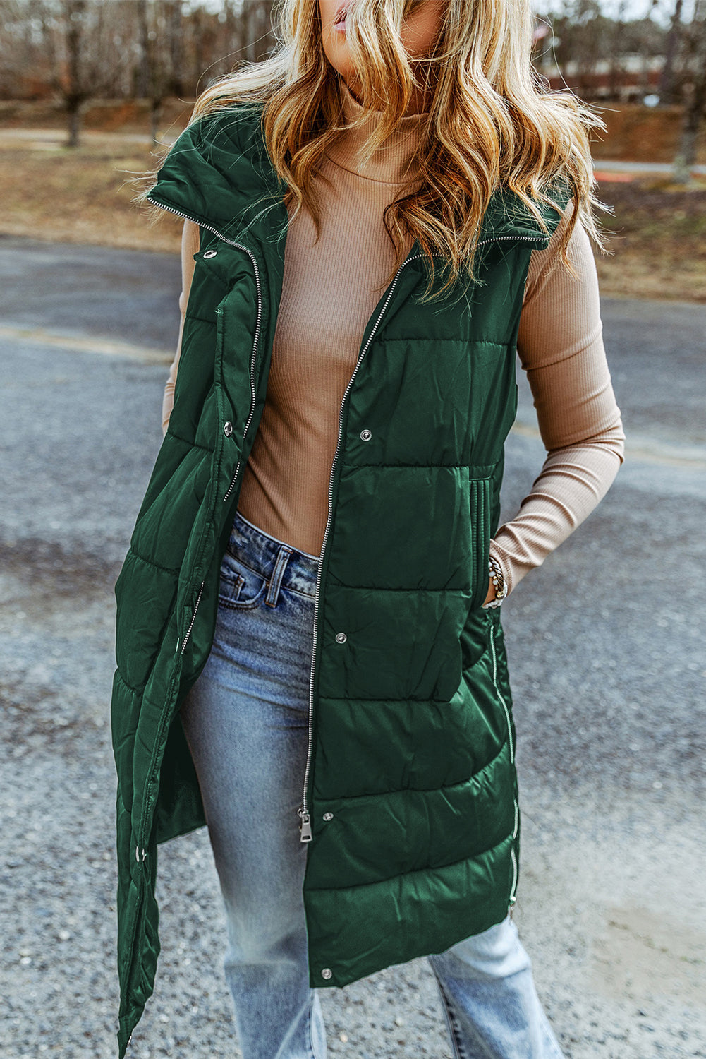 Elaine Hooded Quilted Long Vest Coat