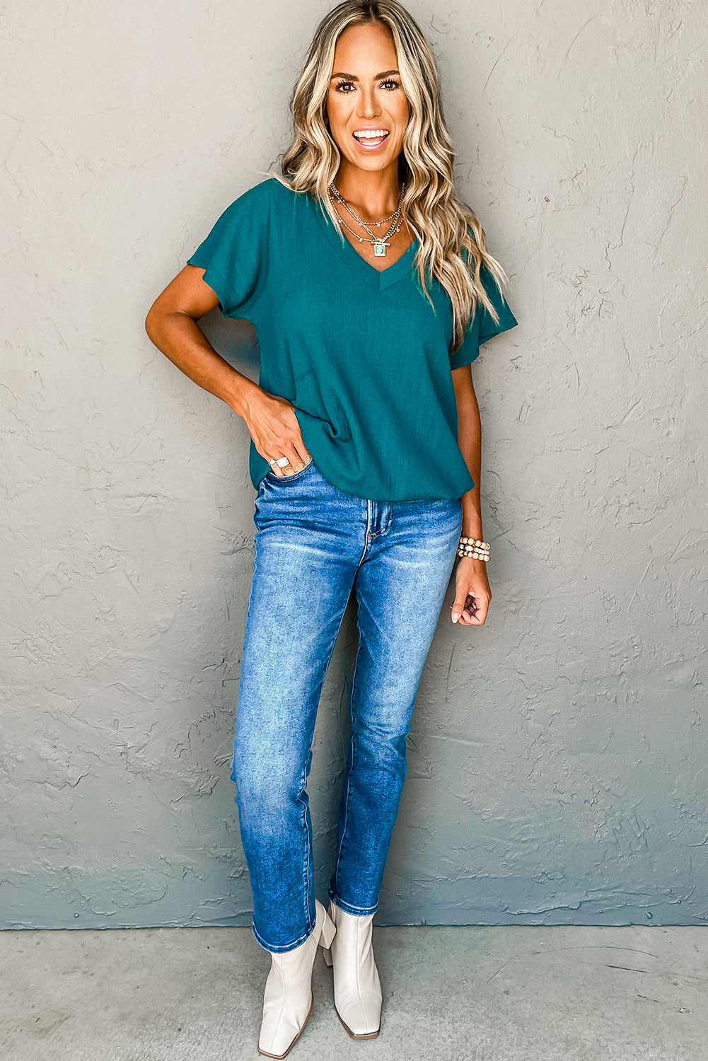 Basic Plain Textured V Neck T-Shirt