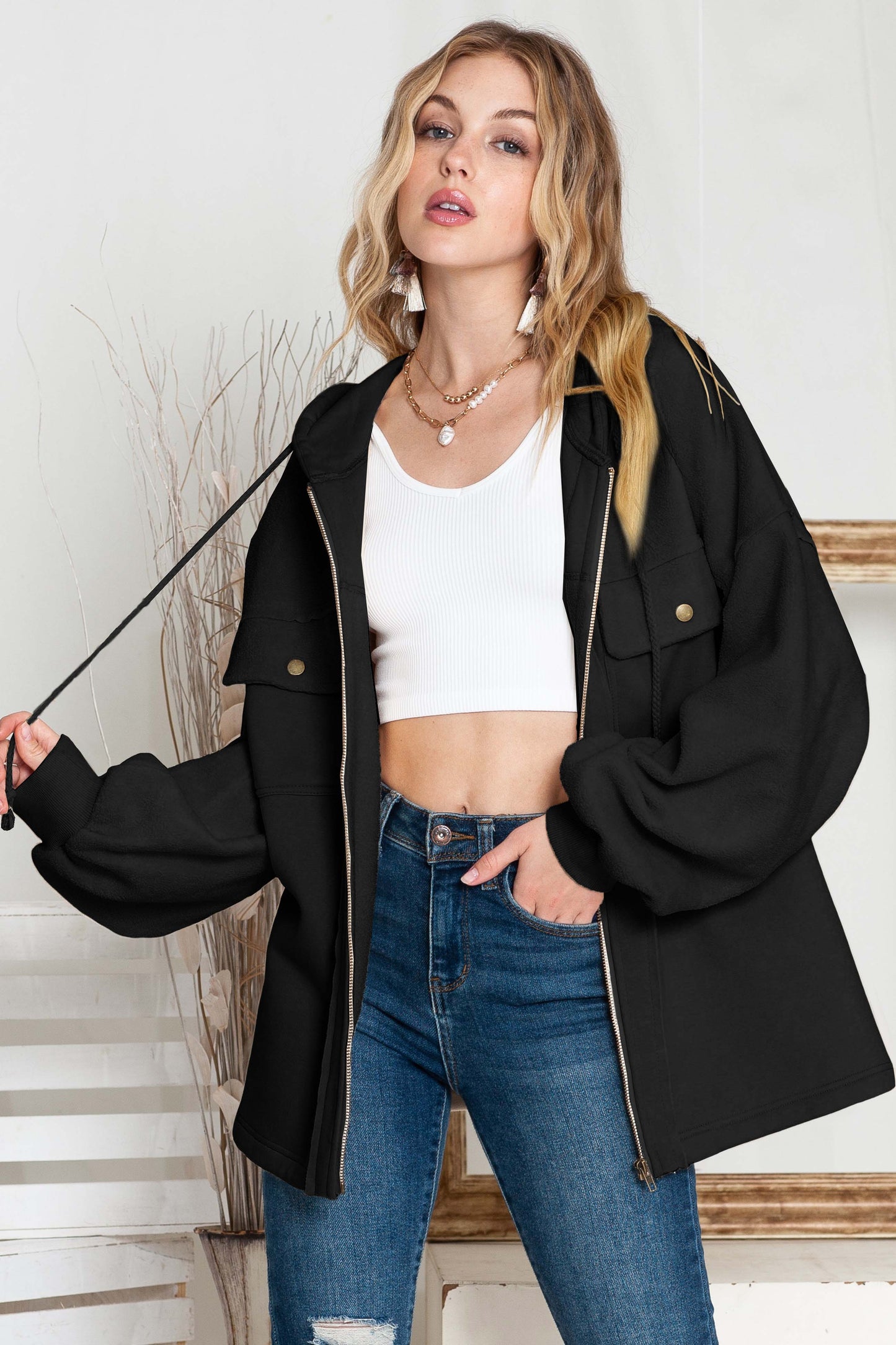 Flap Pockets Bishop Sleeve Zip Up Hoodie