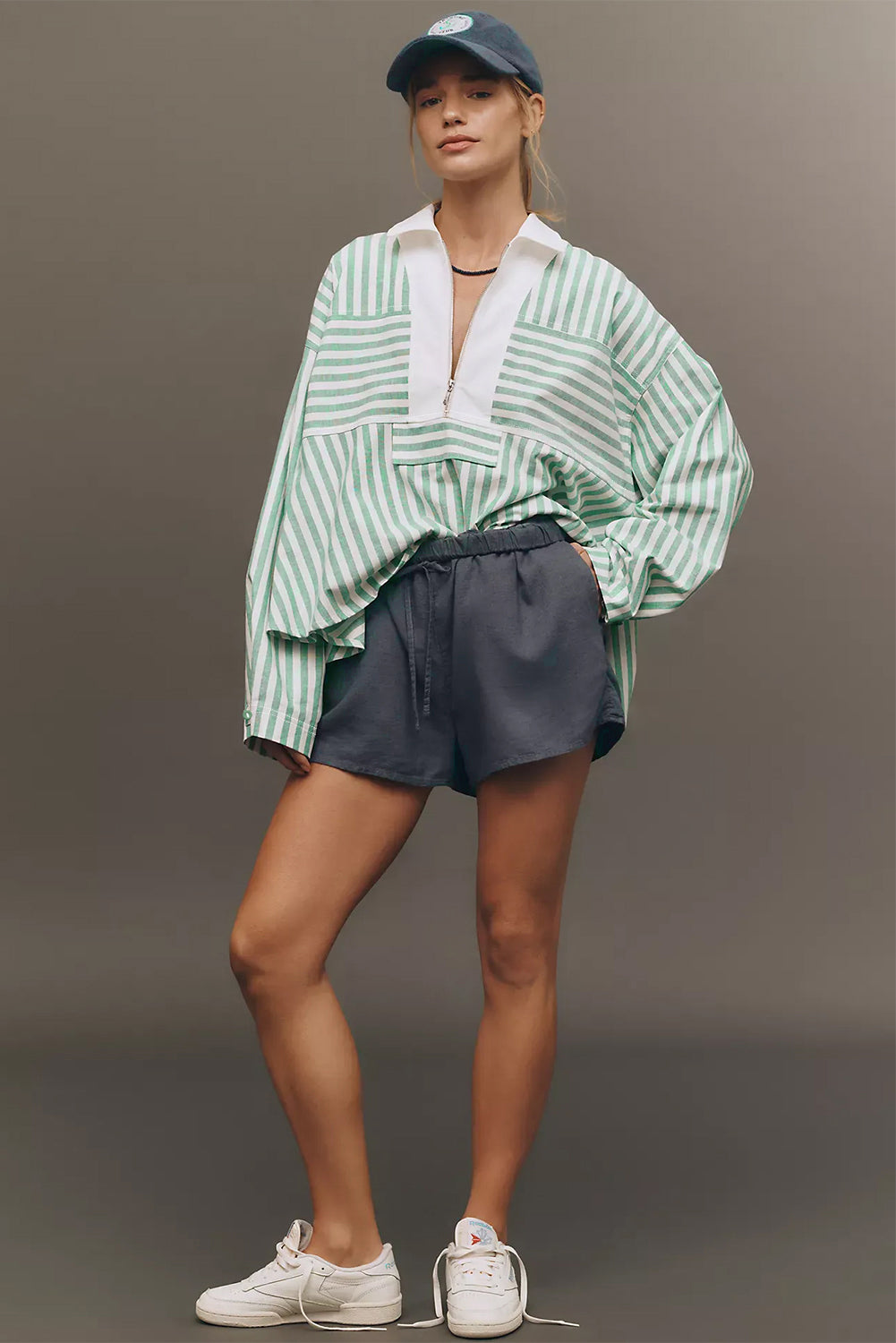 Verde Striped Zipper Collar Long Sleeve Top