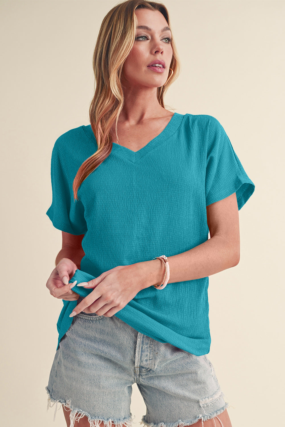 Basic Plain Textured V Neck T-Shirt