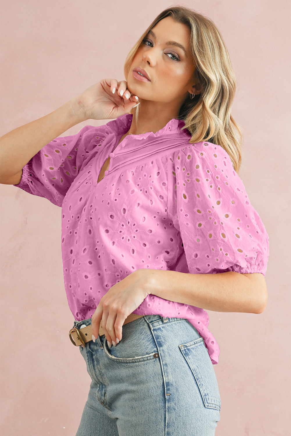 Eyelet Short Puff Sleeve Blouse