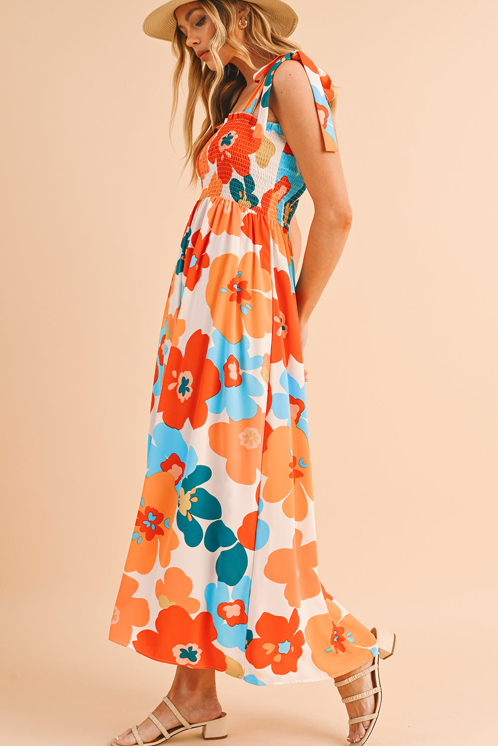 Isla Floral Printed Shoulder Tie Smocked Maxi Dress