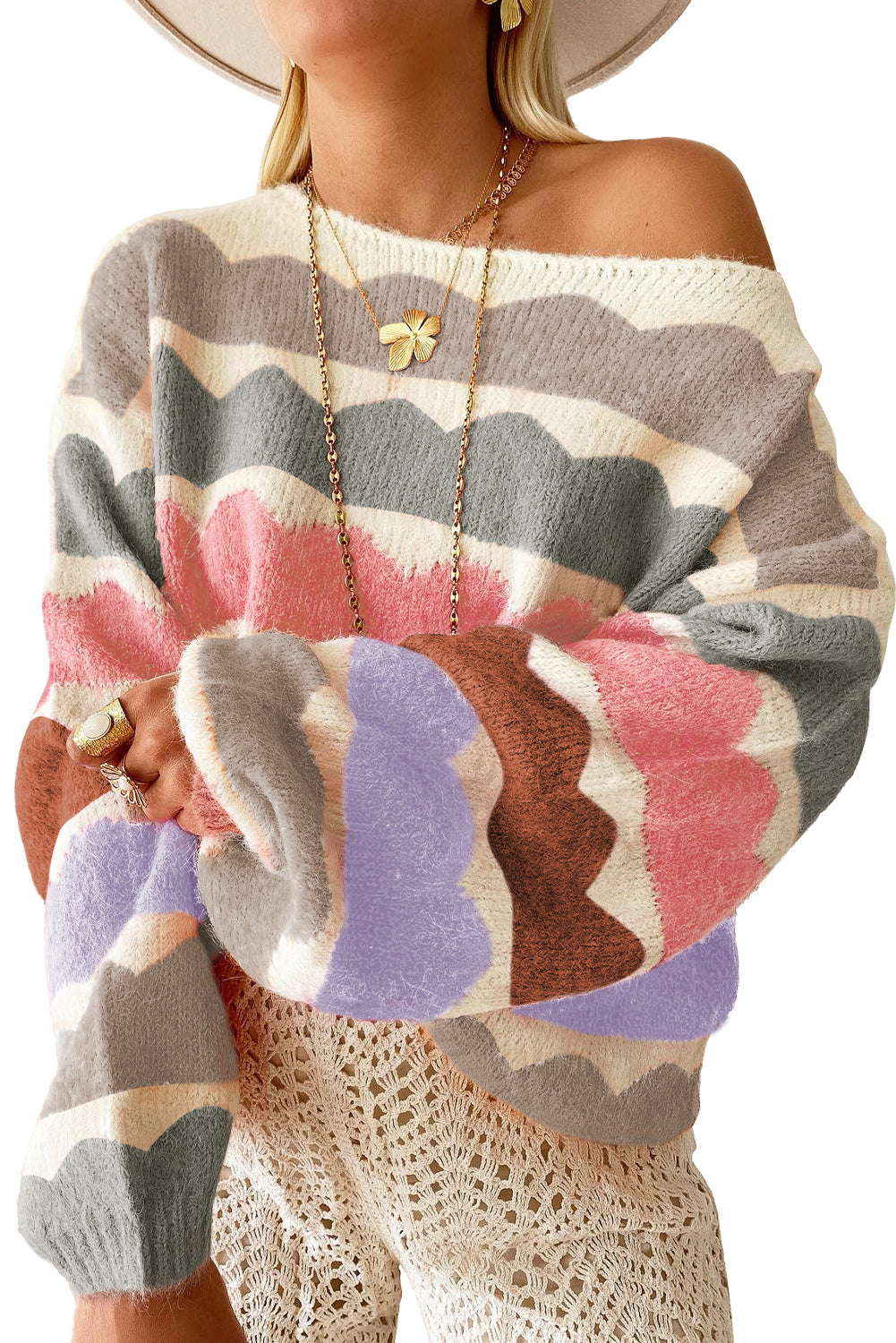 Kaia Wave Striped Balloon Sleeve Sweater