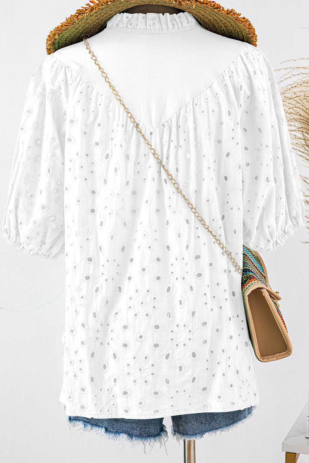 Eyelet Short Puff Sleeve Blouse