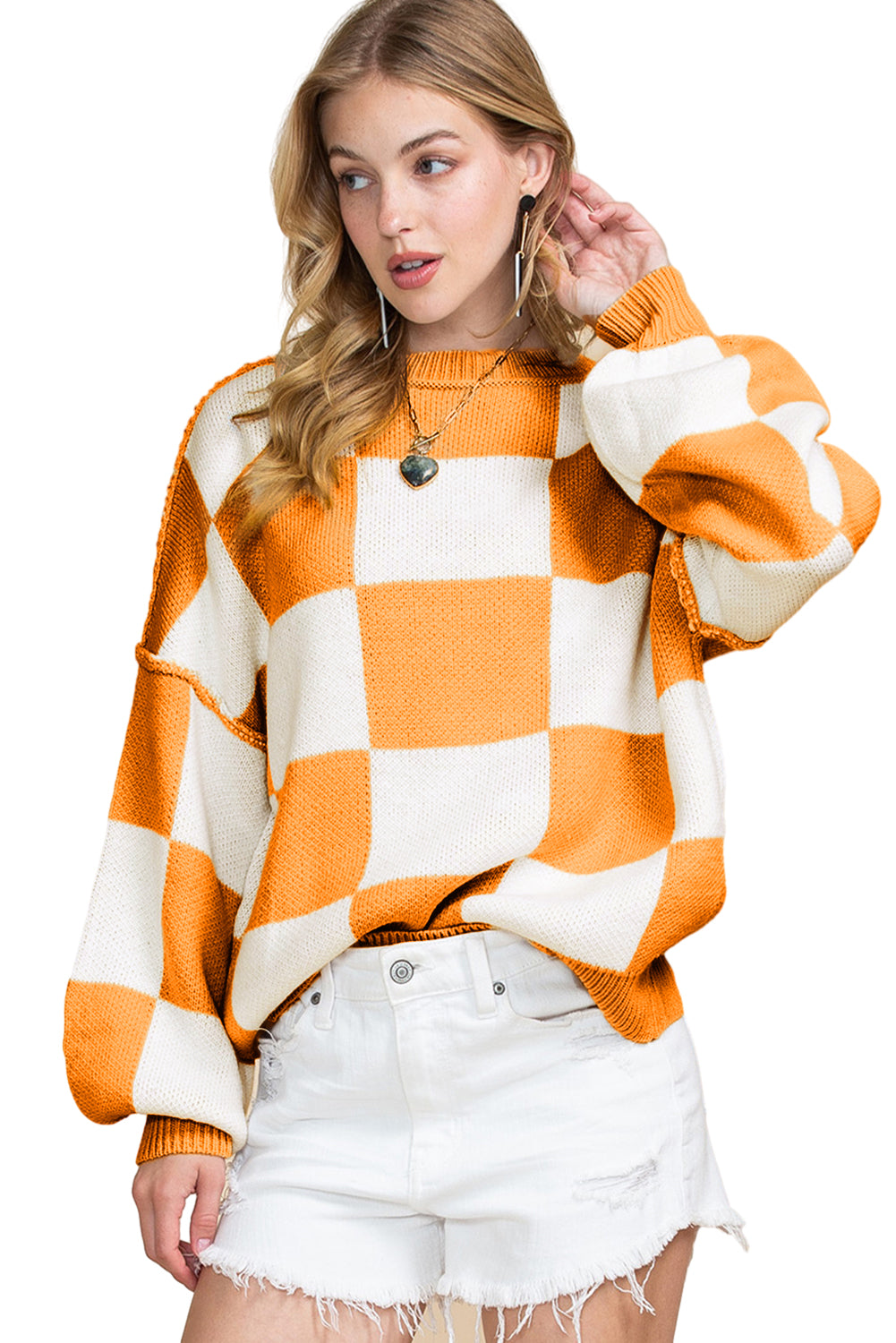 Checked Bishop Sleeve Pullover Sweater