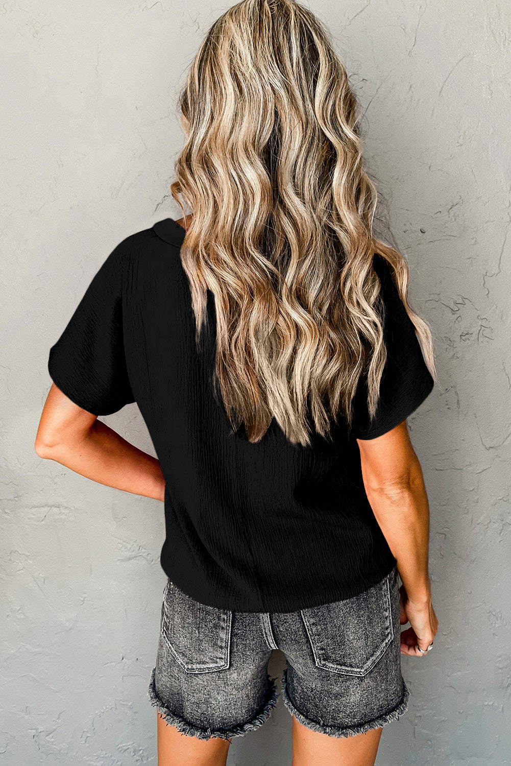 Basic Plain Textured V Neck T-Shirt