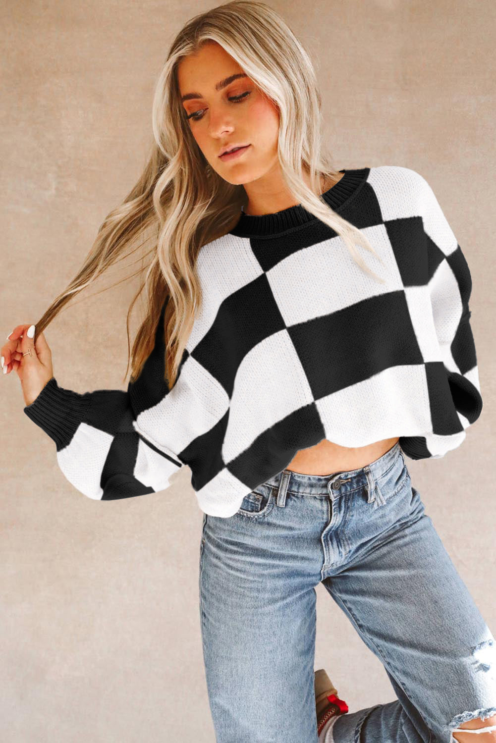 Checked Bishop Sleeve Pullover Sweater