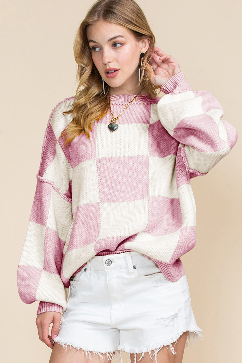 Checked Bishop Sleeve Pullover Sweater