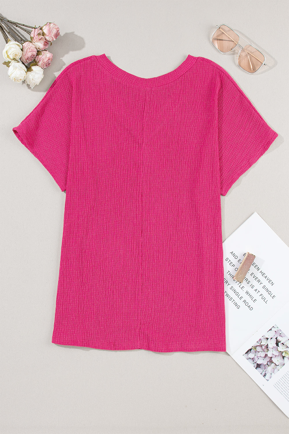 Basic Plain Textured V Neck T-Shirt