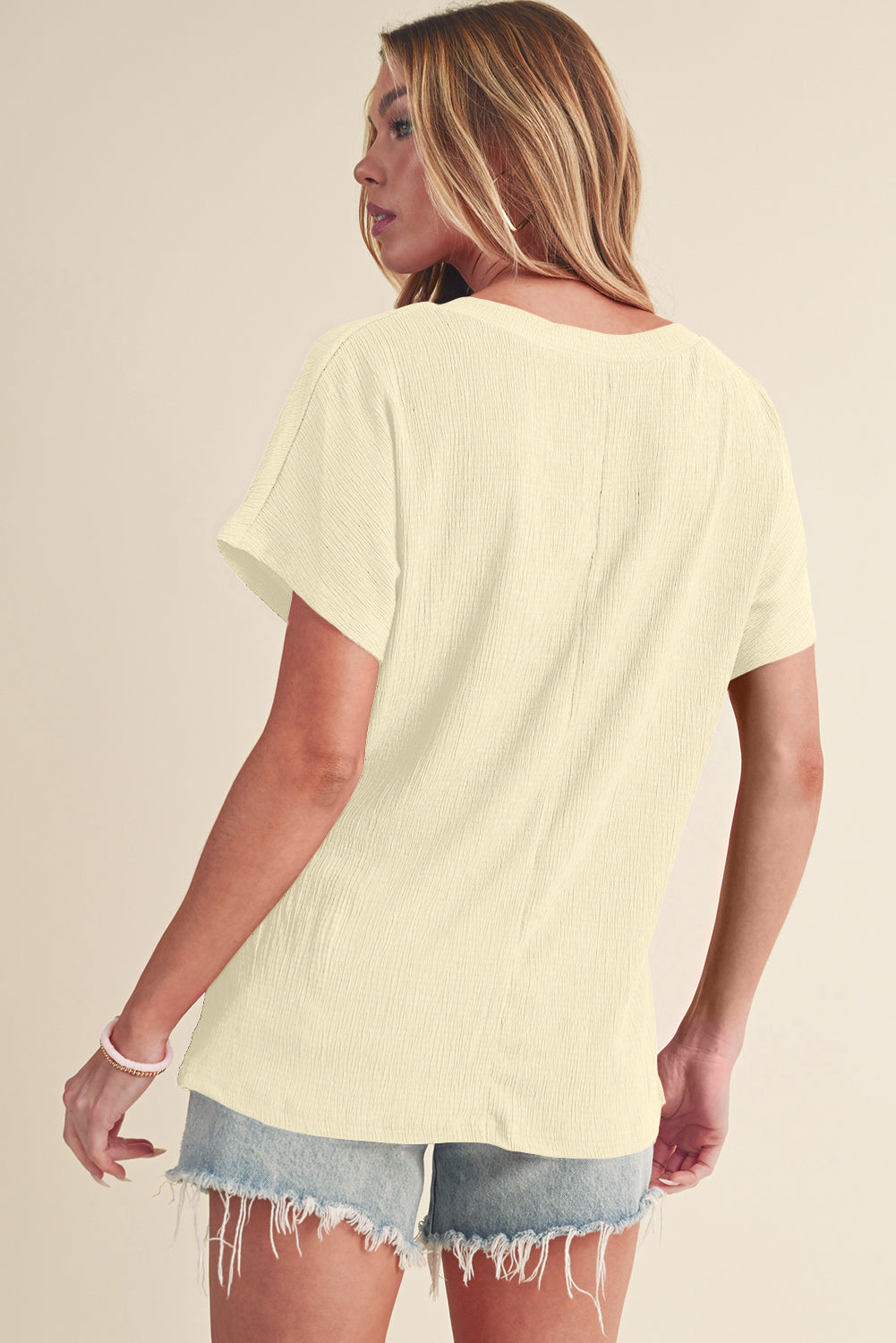 Basic Plain Textured V Neck T-Shirt