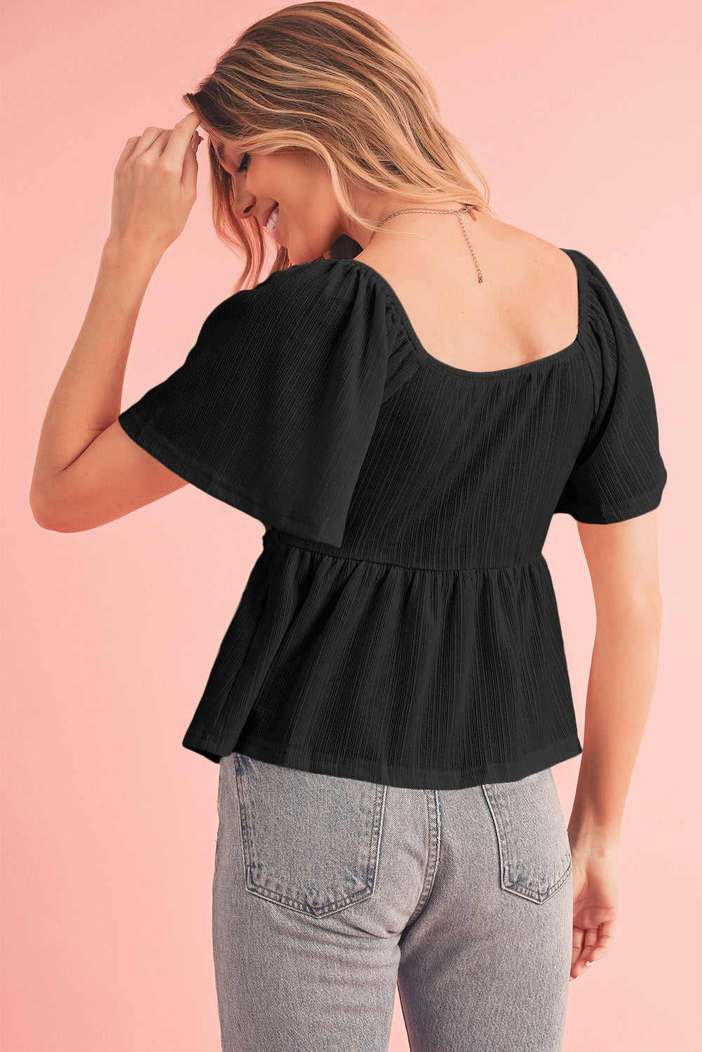 Smocked V-Neck Flutter Sleeve Blouse