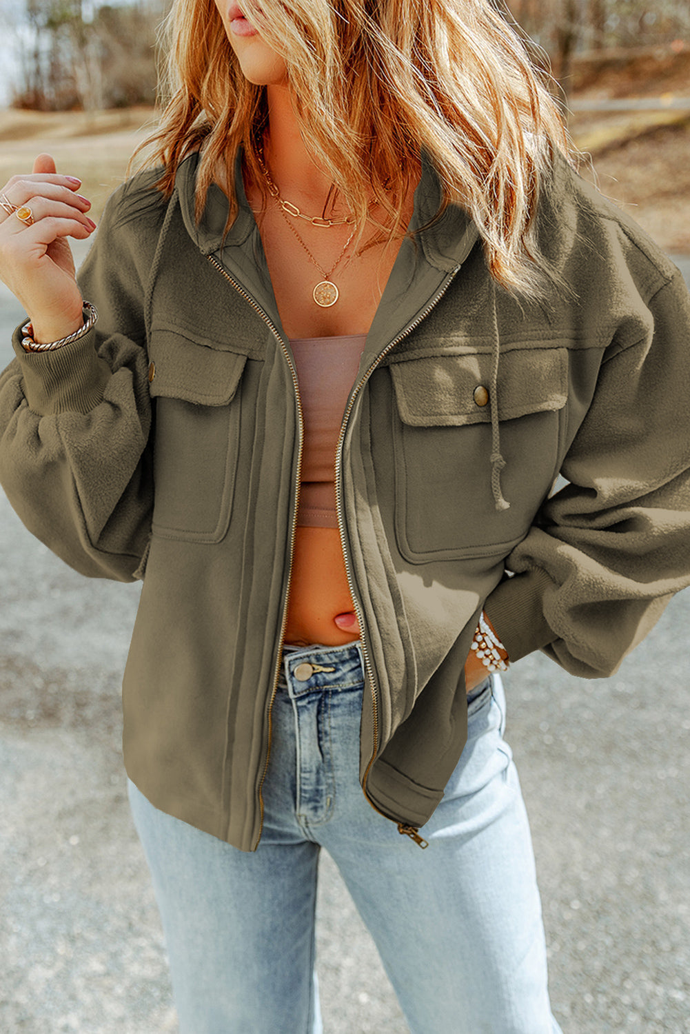 Flap Pockets Bishop Sleeve Zip Up Hoodie