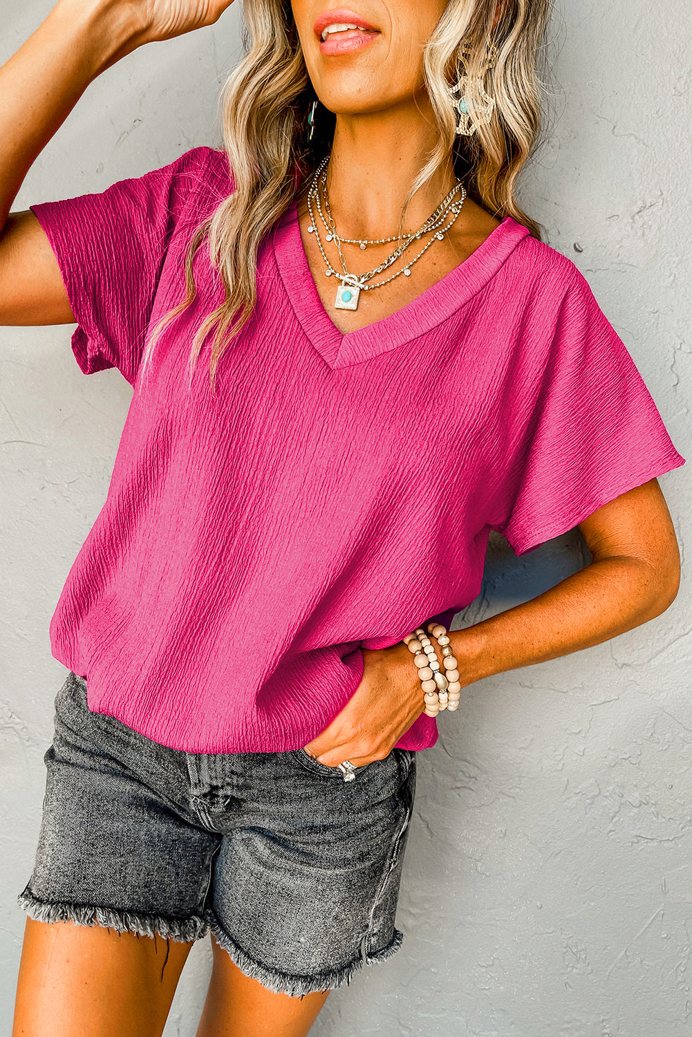 Basic Plain Textured V Neck T-Shirt