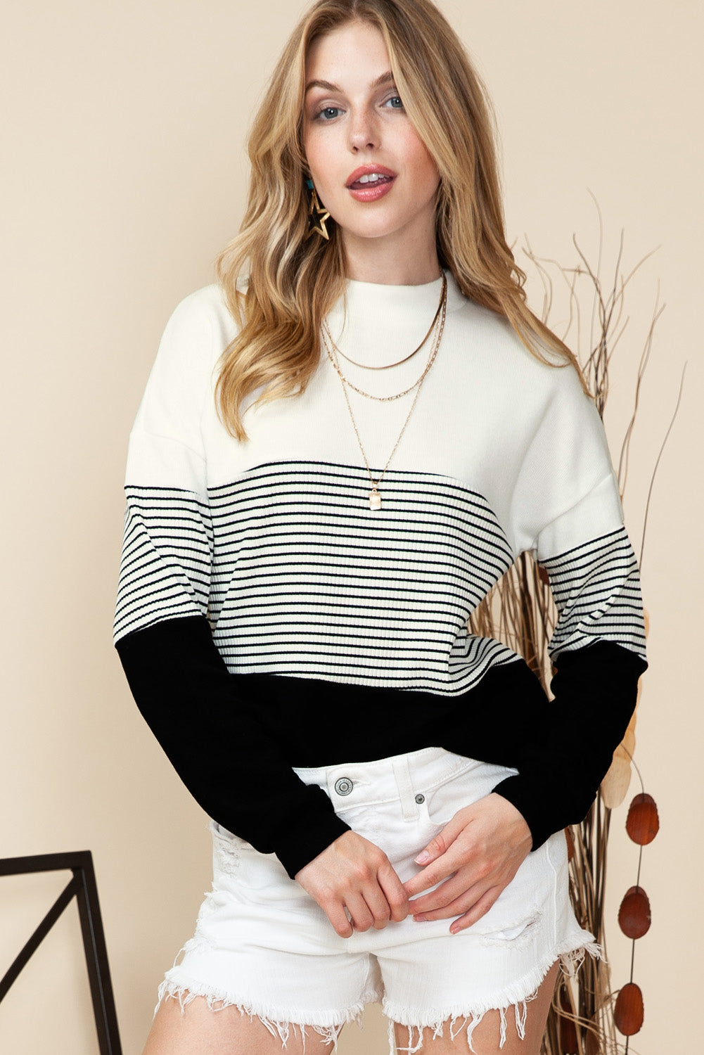 Noir Striped Contrast Colorblock Knit Top