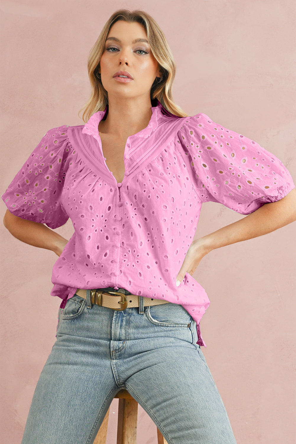 Eyelet Short Puff Sleeve Blouse