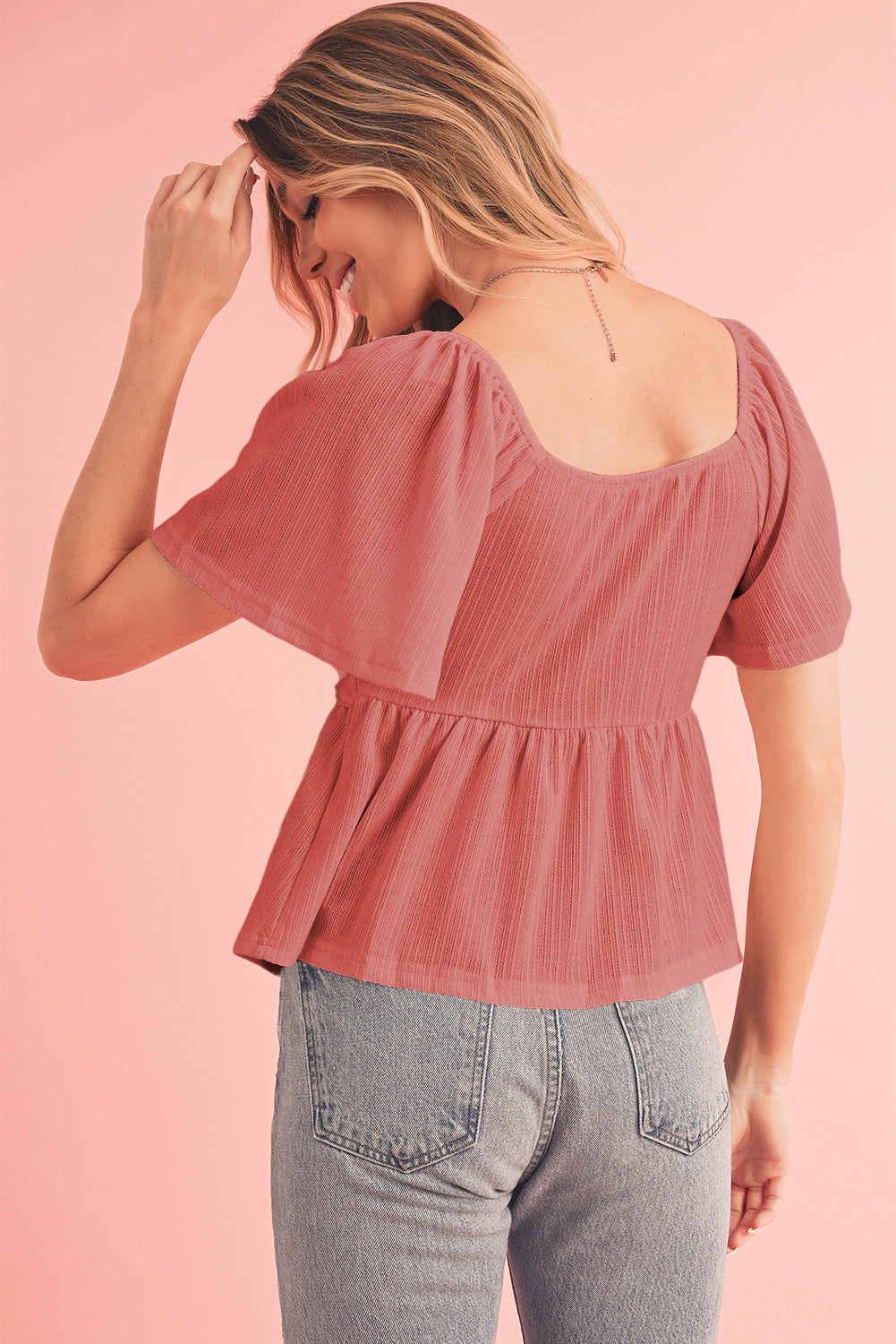 Smocked V-Neck Flutter Sleeve Blouse