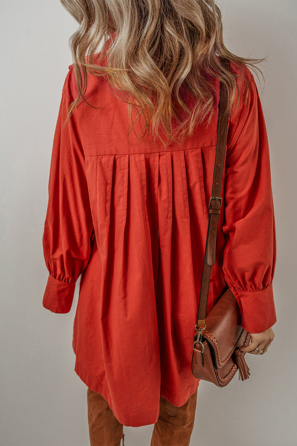 Chérie Bishop Sleeve Button-Up Pleated Mini Shirt Dress