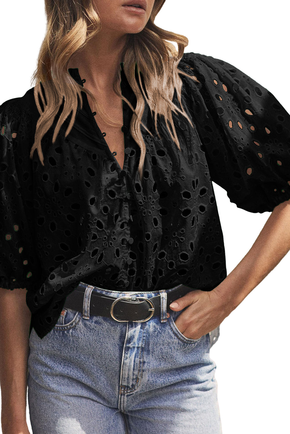 Eyelet Short Puff Sleeve Blouse