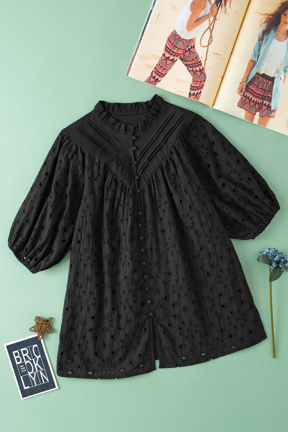 Eyelet Short Puff Sleeve Blouse
