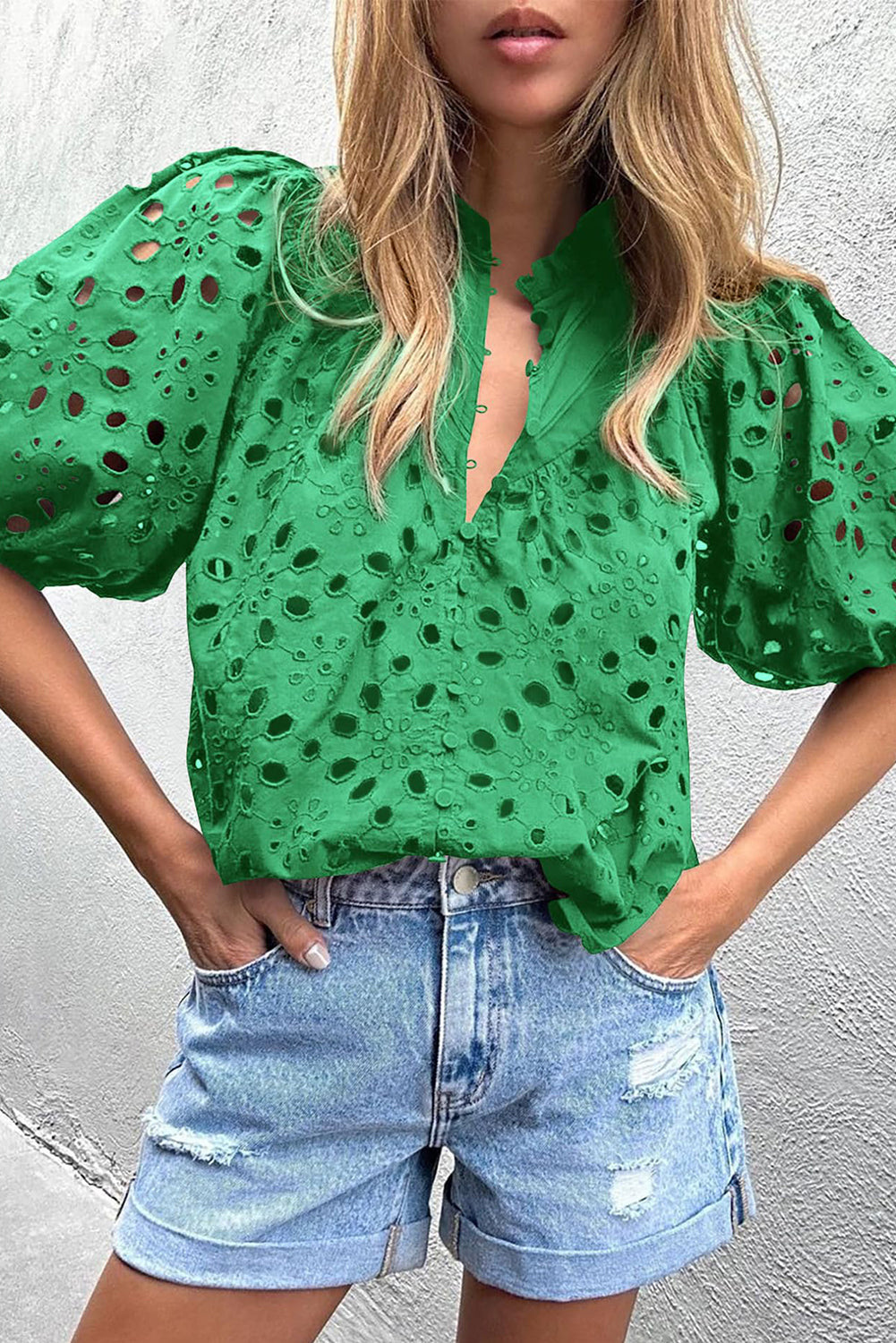 Eyelet Short Puff Sleeve Blouse