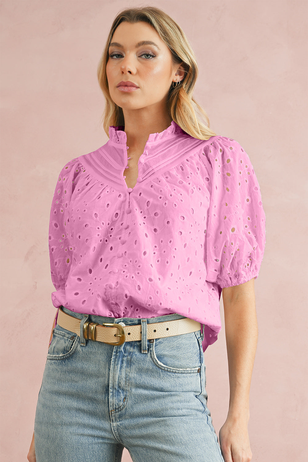 Eyelet Short Puff Sleeve Blouse