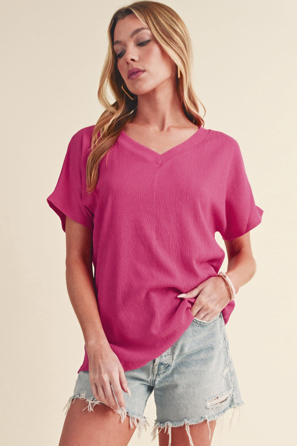 Basic Plain Textured V Neck T-Shirt