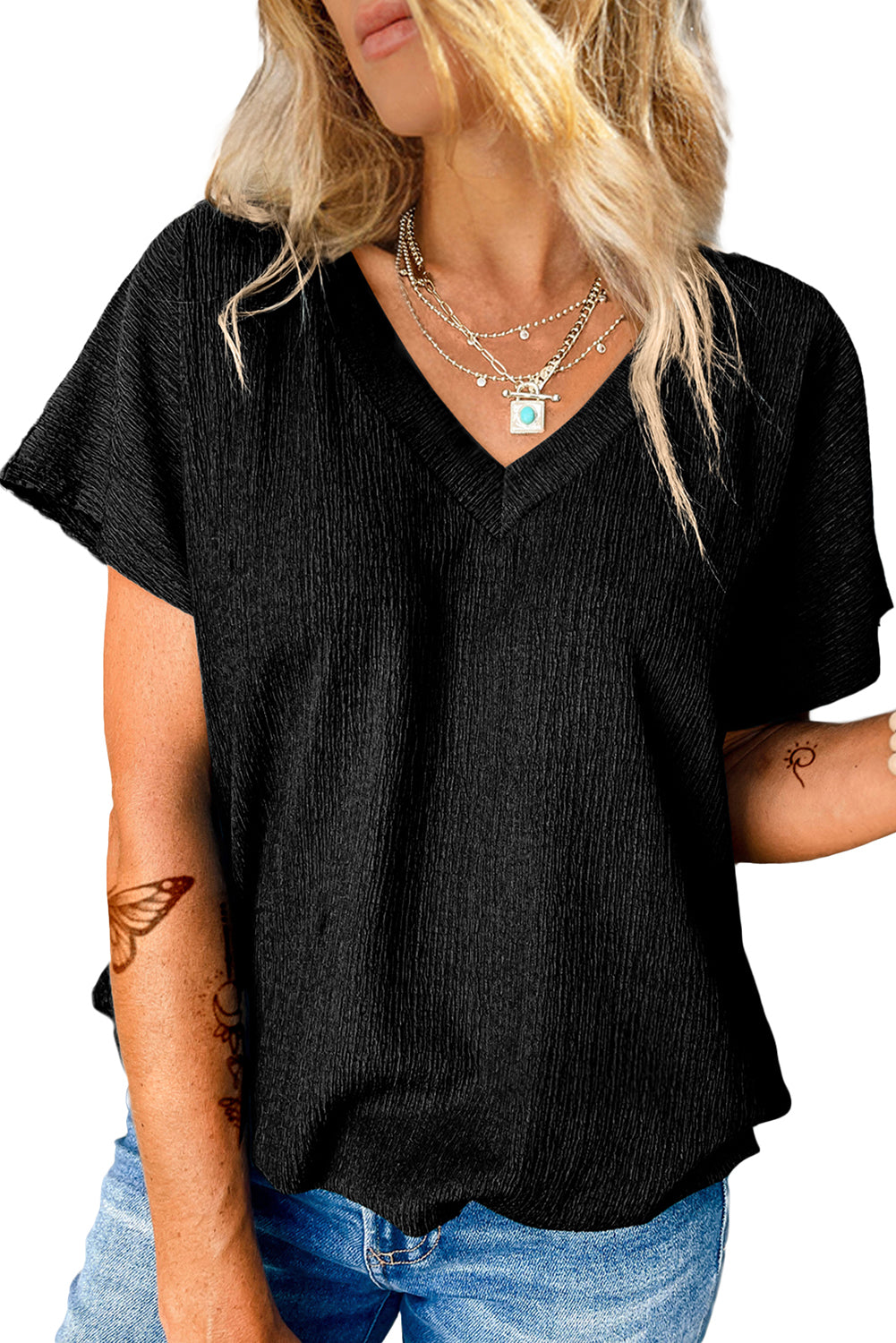 Basic Plain Textured V Neck T-Shirt