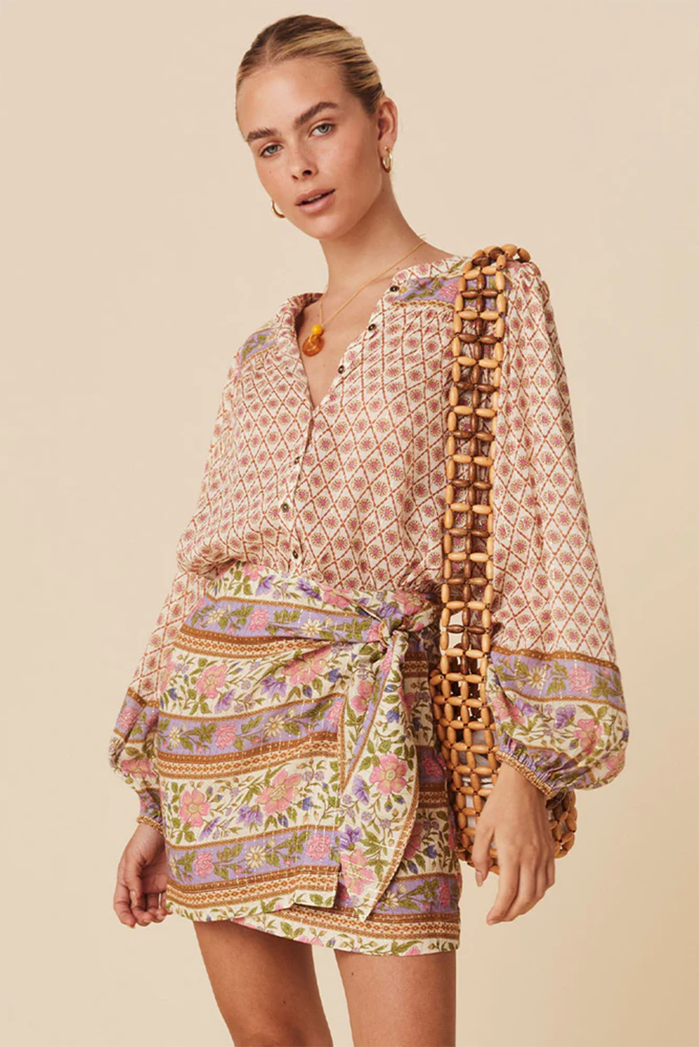 Amira Floral Puff Sleeve V-Neck Button Blouse