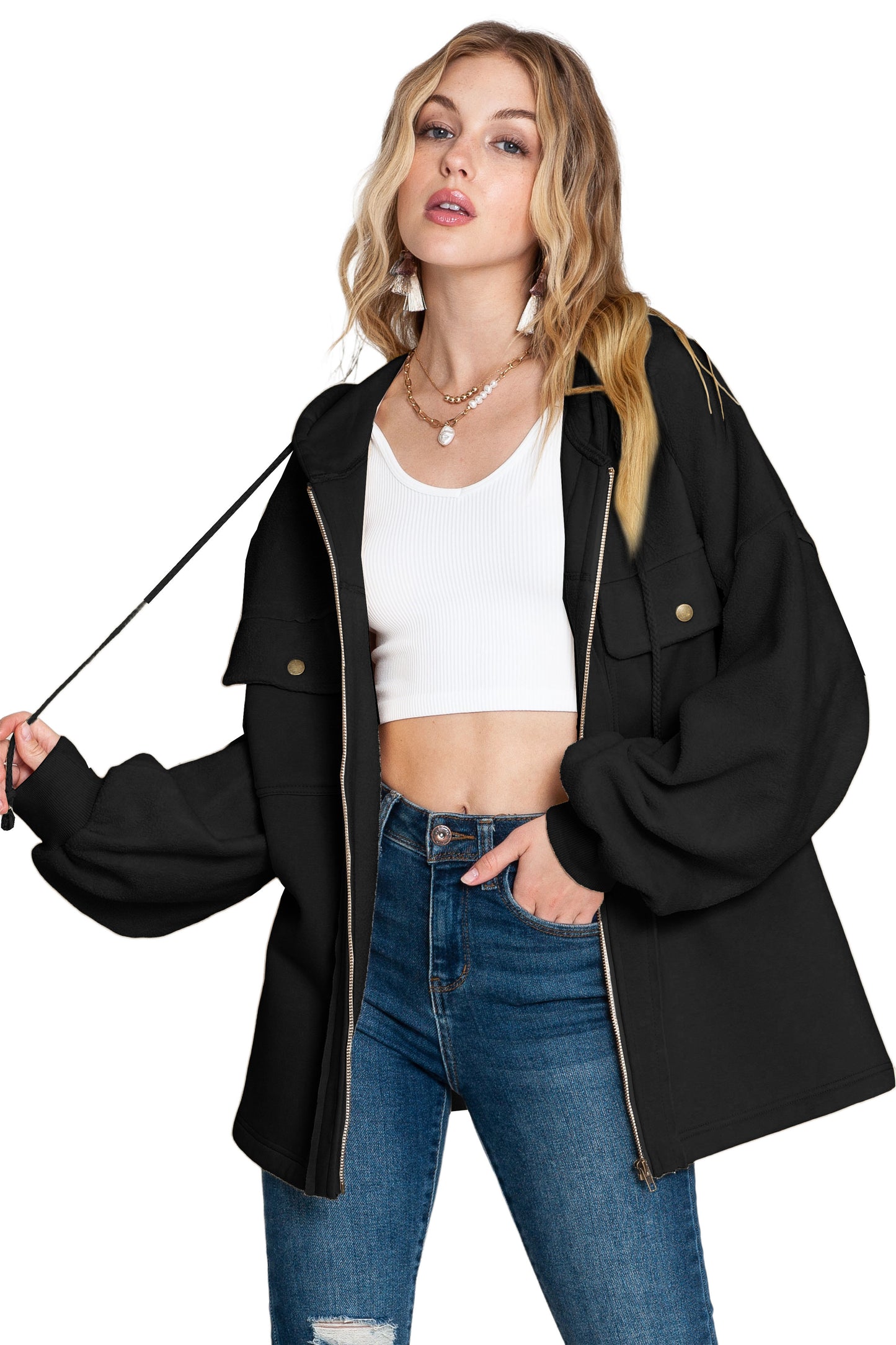 Flap Pockets Bishop Sleeve Zip Up Hoodie
