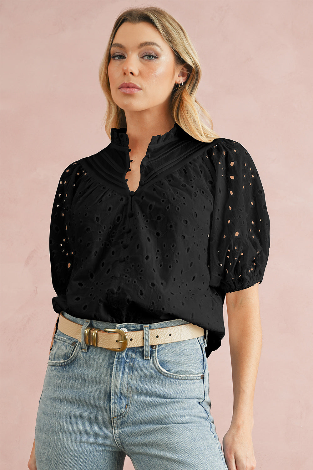 Eyelet Short Puff Sleeve Blouse